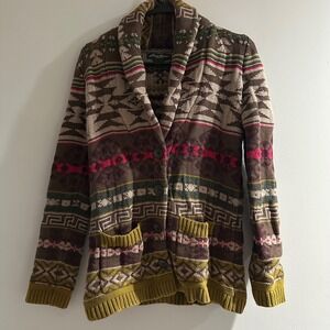Eddie‎ Bauer Womens Navajo Inspired Shawl Collar Cardigan Sweater XS Brown Multi
